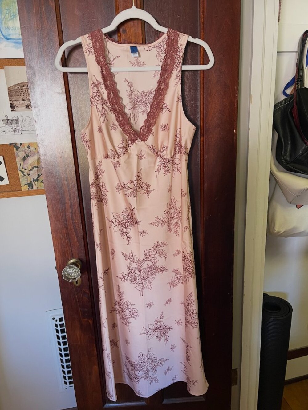 NWOT Old Navy Coquette Lace-Trim Satin Slip Mauve Floral Pink Midi Dress